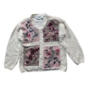 Vintage Shenanigans Floral Sweater Knitted by hand Large grandma stained